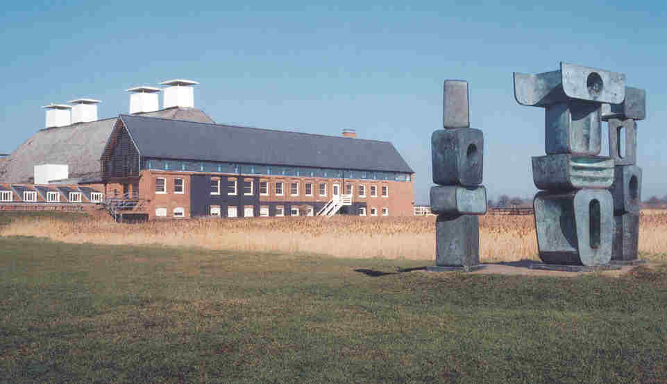 Snape Maltings with a Hepworth scupture